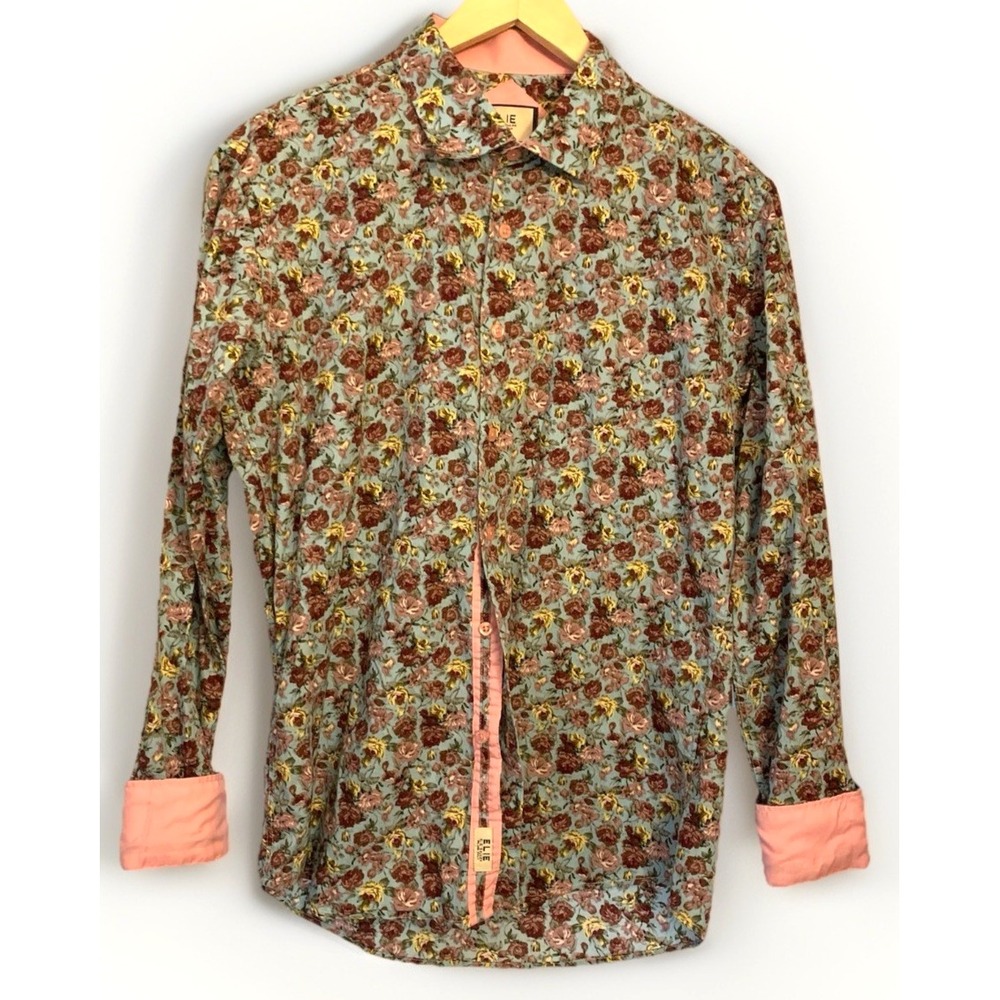 VTG Elie Tahari Floral Button Blouse Shirt Floral Womens Large Pink Cuff Retro